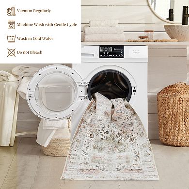 Garvee Distressed Floral Print Washable Area and Vintage Throw Rug