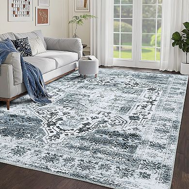 Garvee Distressed Floral Print Washable Area and Vintage Throw Rug