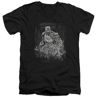 Batman Pencilled Rain Short Sleeve Adult V Neck T-shirt