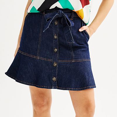 Women s Nine West Ribbon Belt Button Front Denim Mini Skirt