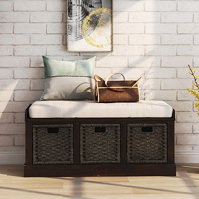 Rustic Storage Bench with 3 Removable Classic Rattan Basket , Entryway Bench with Removable Cushion