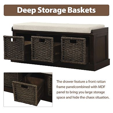 Rustic Storage Bench with 3 Removable Classic Rattan Basket , Entryway Bench with Removable Cushion
