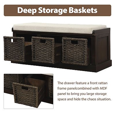 Storage on sale Bench with 3 Drawers, 3 Rattan Baskets and Removable Cushion for Entrywa