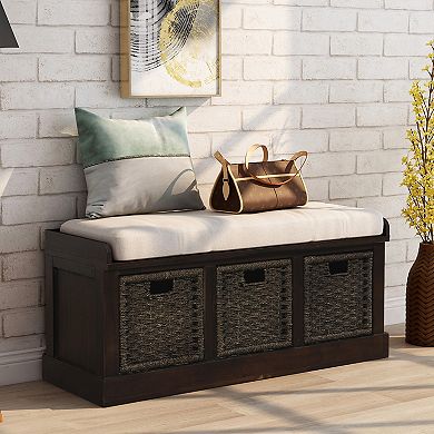 Rustic Storage Bench with 3 Removable Classic Rattan Basket , Entryway Bench with Removable Cushion