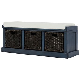 Rustic Storage Bench with 3 Removable Classic Rattan Basket , Entryway Bench with Removable Cushion