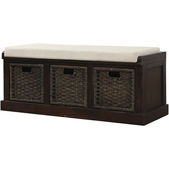 Rustic Storage Bench with 3 Removable Classic Rattan Basket , Entryway Bench with Removable Cushion