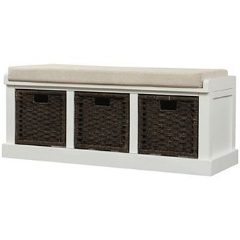 Rustic Storage Bench with 3 Removable Classic Rattan Basket , Entryway Bench with Removable Cushion