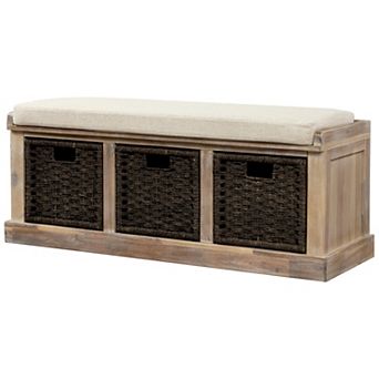 Rustic Storage Bench with 3 Removable Classic Rattan Basket , Entryway Bench with Removable Cushion