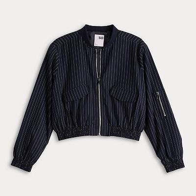 Juniors' SO® Cropped Pinstripe Bomber Jacket