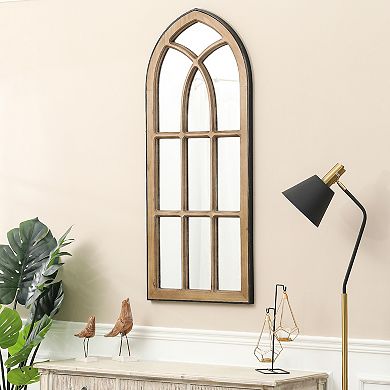 LuxenHome Natural Wood Finish Accent Arched Window Wall Mirror