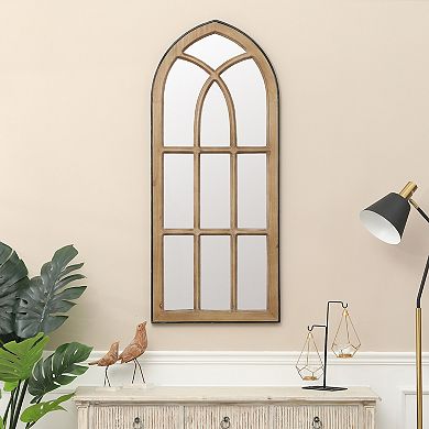 LuxenHome Natural Wood Finish Accent Arched Window Wall Mirror