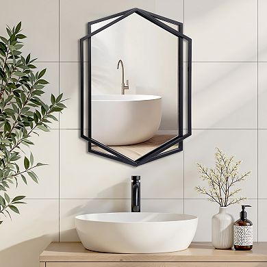 LuxenHome 32" Black Metal Hexagon Frame Wall Accent Mirror Wall Mounted Bathroom Vanity Mirror Decor