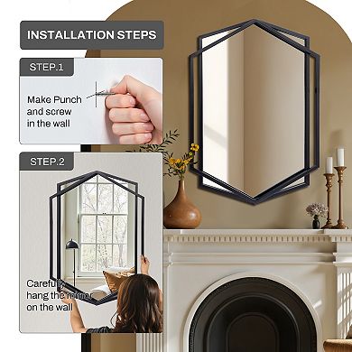 LuxenHome 32" Black Metal Hexagon Frame Wall Accent Mirror Wall Mounted Bathroom Vanity Mirror Decor