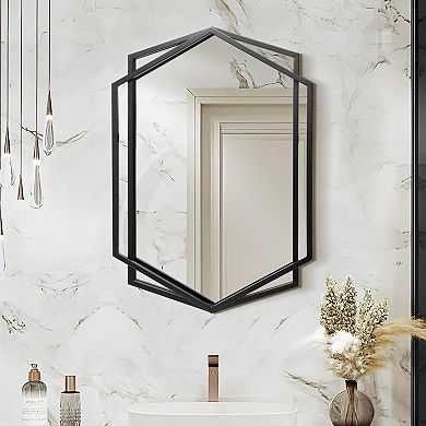 LuxenHome 32" Black Metal Hexagon Frame Wall Accent Mirror Wall Mounted Bathroom Vanity Mirror Decor