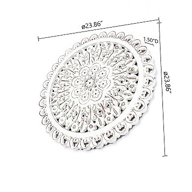 LuxenHome White Wood Flower Round Wall Decor