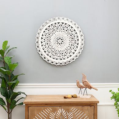 LuxenHome White Wood Flower Round Wall Decor