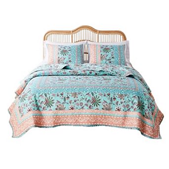 3 pc Full Queen Quilt Set with Floral Print, Blue and White