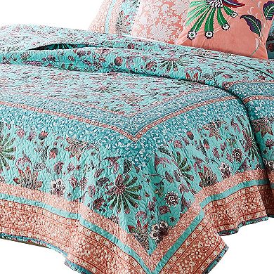 3 Piece Full Queen Quilt Set with Floral Print, Blue and White