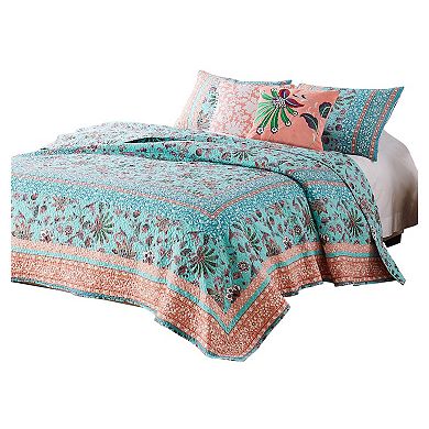 3 Piece Full Queen Quilt Set with Floral Print, Blue and White