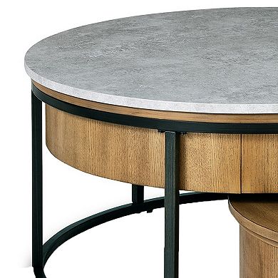 36 Inch 2 Piece Round Nesting Coffee Table, Lift Top Storage, Wheels, Brown