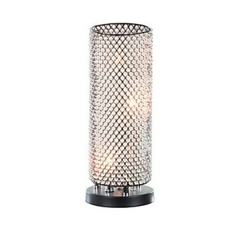 16 Inch Table Lamp, Crystal Cylinder Shade, Metal Mesh, Antique Bronze