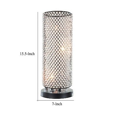 16 Inch Table Lamp, Crystal Cylinder Shade, Metal Mesh, Antique Bronze
