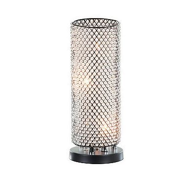 16 Inch Table Lamp, Crystal Cylinder Shade, Metal Mesh, Antique Bronze