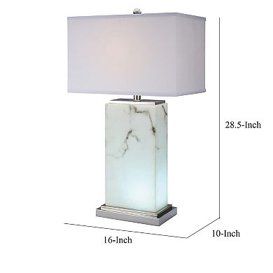 29 Inch Table Lamp, White Marble Stand, Rectangular Shade, Metal Base