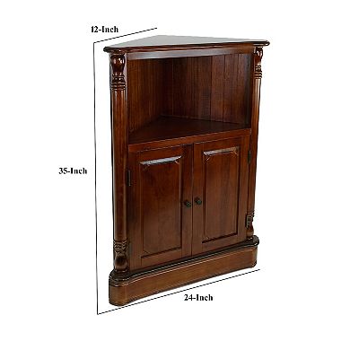 35 Inch Classic Wood Corner Cabinet, Open Shelf, 2 Door Cabinet, Brown
