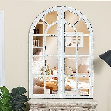 LuxenHome 2-Piece Distressed White Wood Frame Accent Arched Window Wall Mirror