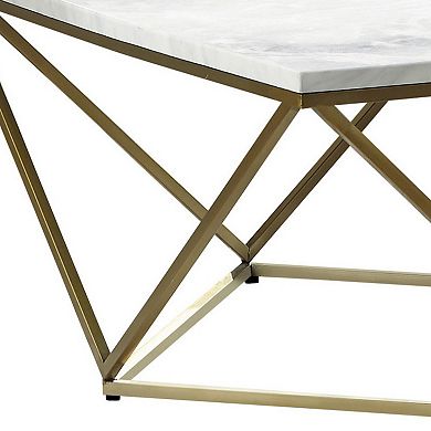 36 Inch Modern Square Coffee Table, White Faux Marble Top, Slender Gold Base
