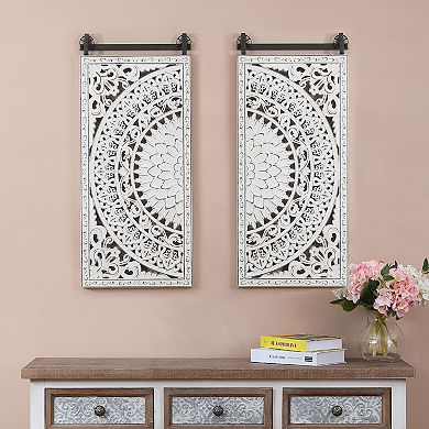 LuxenHome Set of 2 Distressed Ivory White Wood Flower Wall Decor