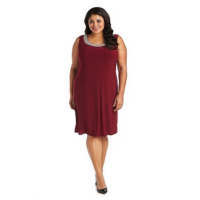 Plus Size R&M Richards Relaxed Bead Neck A-Line Midi Dress & Sheer Sleeve Jacket Set