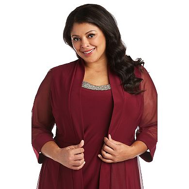 Plus Size R&M Richards Relaxed Bead Neck A-Line Midi Dress & Sheer Sleeve Jacket Set