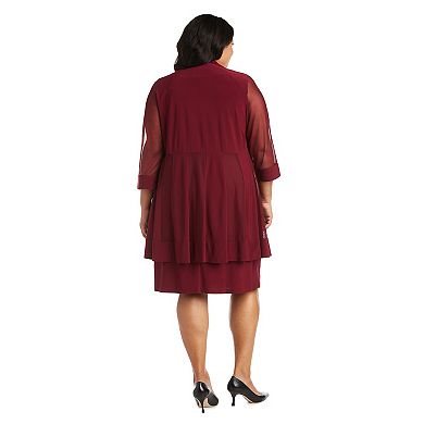 Plus Size R&M Richards Relaxed Bead Neck A-Line Midi Dress & Sheer Sleeve Jacket Set