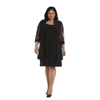 Plus Size R&M Richards Relaxed Bead Neck A-Line Midi Dress & Sheer Sleeve Jacket Set