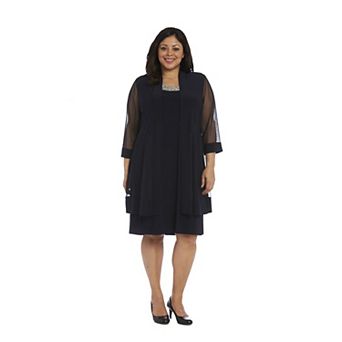 Plus Size R&M Richards Relaxed Bead Neck A-Line Midi Dress & Sheer Sleeve Jacket Set