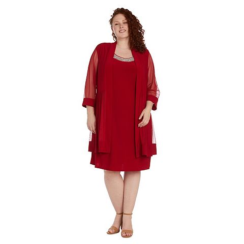 Женские платья R&M Plus Size R&M Richards Relaxed Bead Neck A-Line Midi Dress & Sheer Sleeve Jacket Set