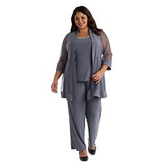 R & M Richards Pleated Crinkle Metallic Scoop Neck 3/4 Sleeve 2-Piece Pant  Set