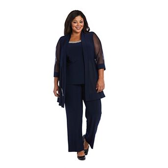 Plus Size R&M Richards Bead Neck Mock Layered Jacket & Trouser Pants Set