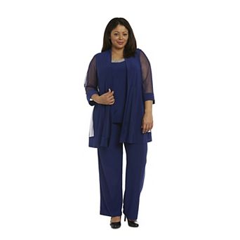 Plus Size R&M Richards Bead Neck Mock Layered Jacket & Trouser Pants Set