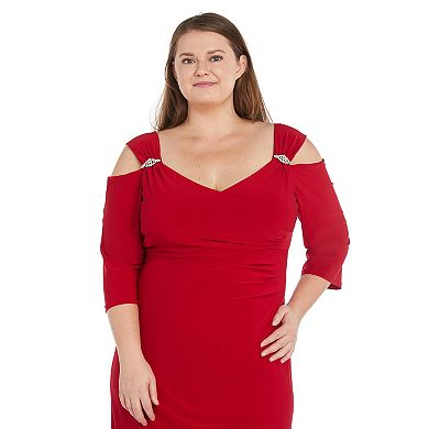 Plus Size R&M Richards Empire Waist Side Slit Cold Shoulder Sleeve Maxi Dress