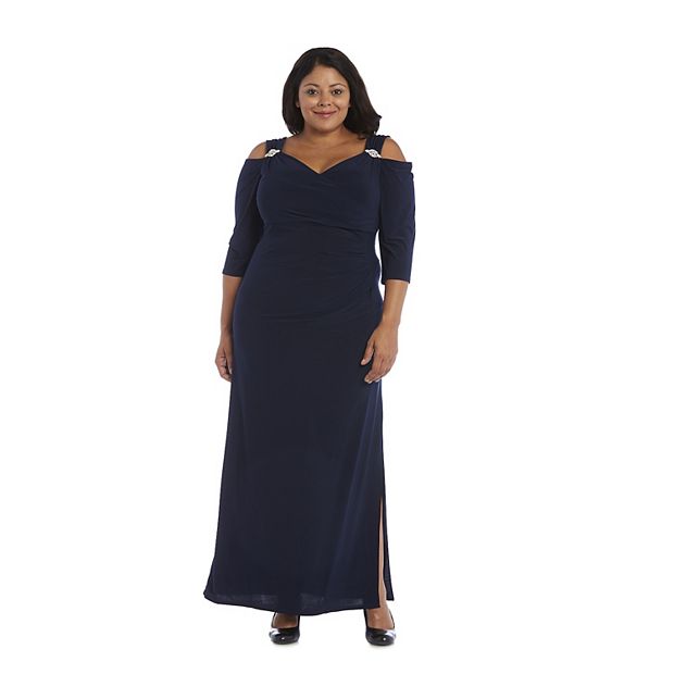 R & M Richards Plus Size Embellished Cold-Shoulder Gown - Navy