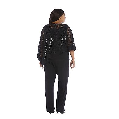 Plus Size R&M Richards Glittery Sheer Mock Poncho & Midrise Pants Set