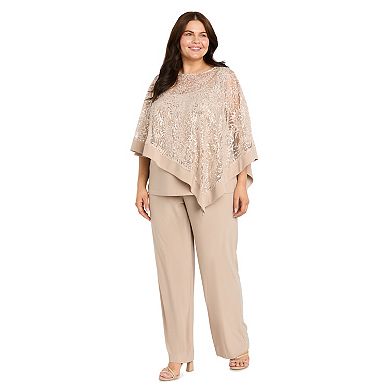 Plus Size R&M Richards Glittery Sheer Mock Poncho & Midrise Pants Set