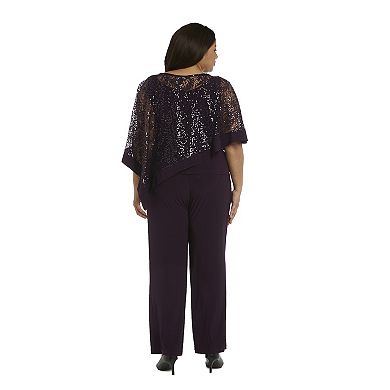 Plus Size R&M Richards Glittery Sheer Mock Poncho & Midrise Pants Set