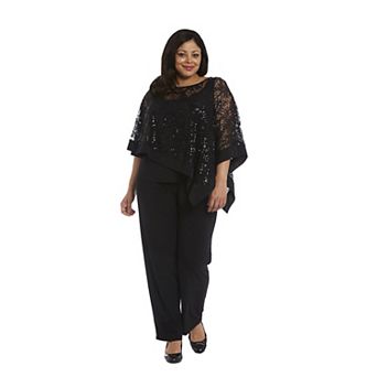 Plus Size R&M Richards Glittery Sheer Mock Poncho & Midrise Pants Set