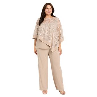 Plus Size R&M Richards Glittery Sheer Mock Poncho & Midrise Pants Set