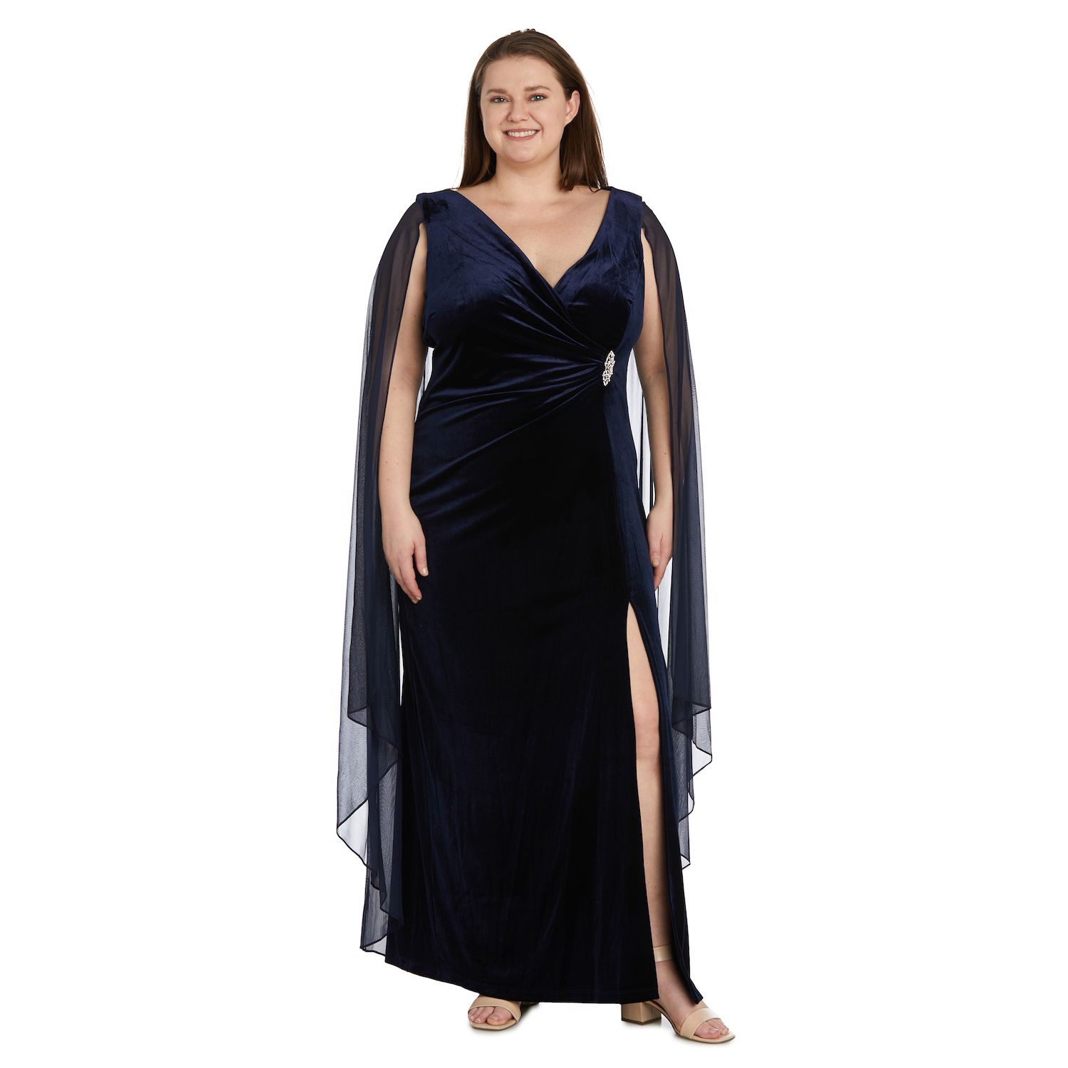 Plus Size R&M Richards Long Chiffon Caped Surplice Neck Maxi Wrap Dress