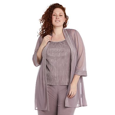 Plus Size R&M Richards 3-piece Glittery Tank Top, Sheer Cardigan & Flowy Pants Set